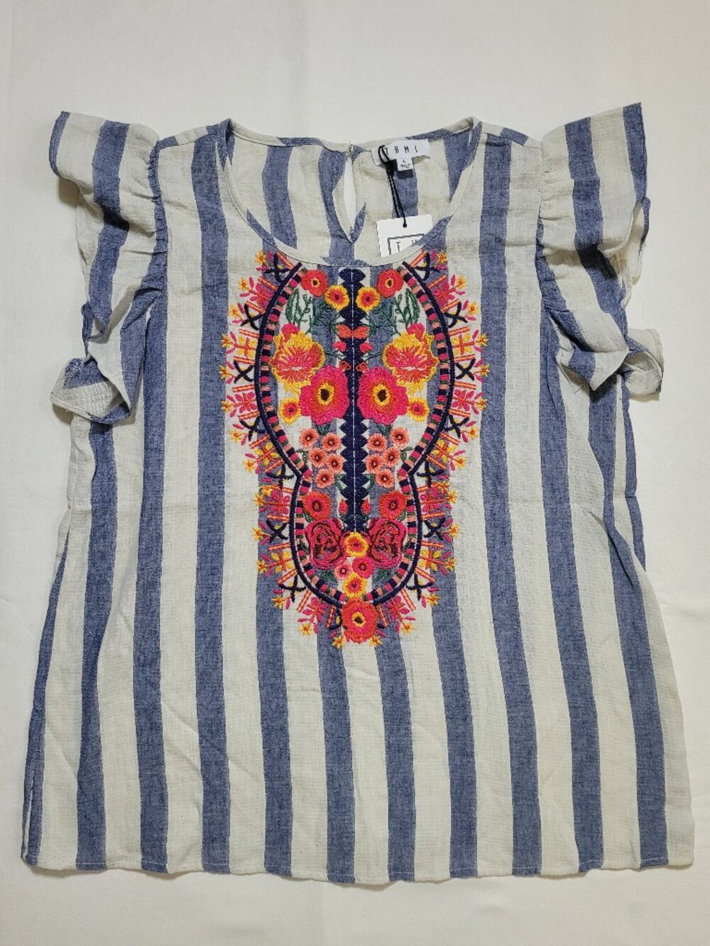 THML Floral Embroidered Ruffle Sleeve Boho Top Blue Striped Large NEW Coastal - Picture 2 of 9